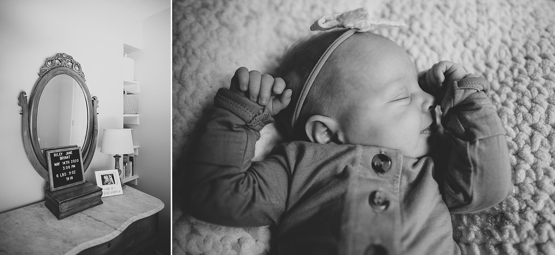 Nursery detail and black-and-white newborn portrait