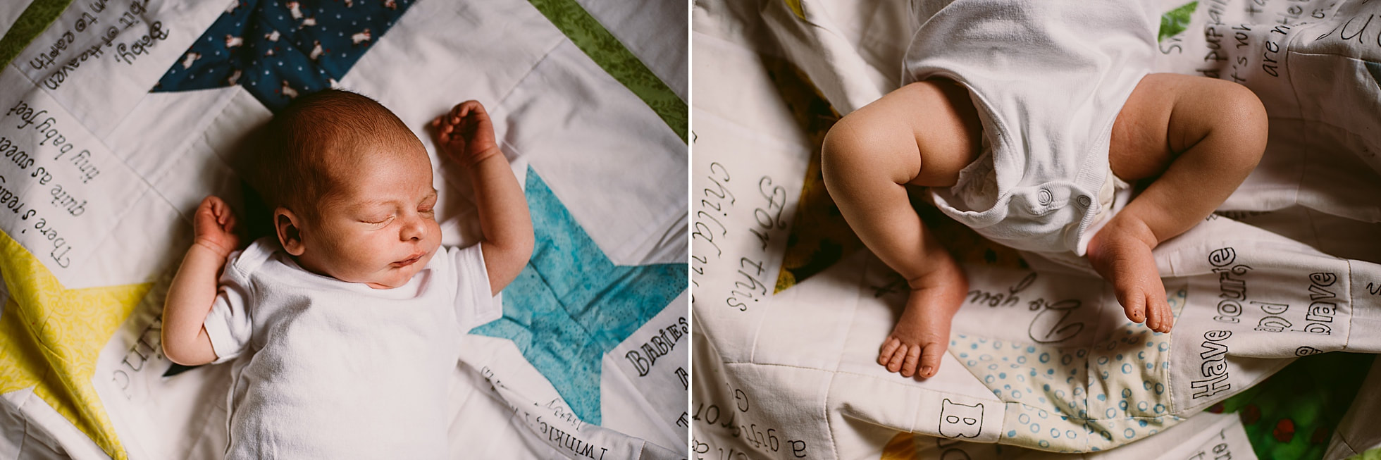Newborn baby boy on a handmade heirloom quilt