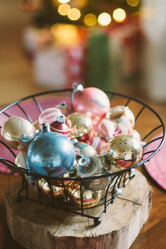 Photo of vintage glass Christmas ornament centerpiece by Laura Richards Photography