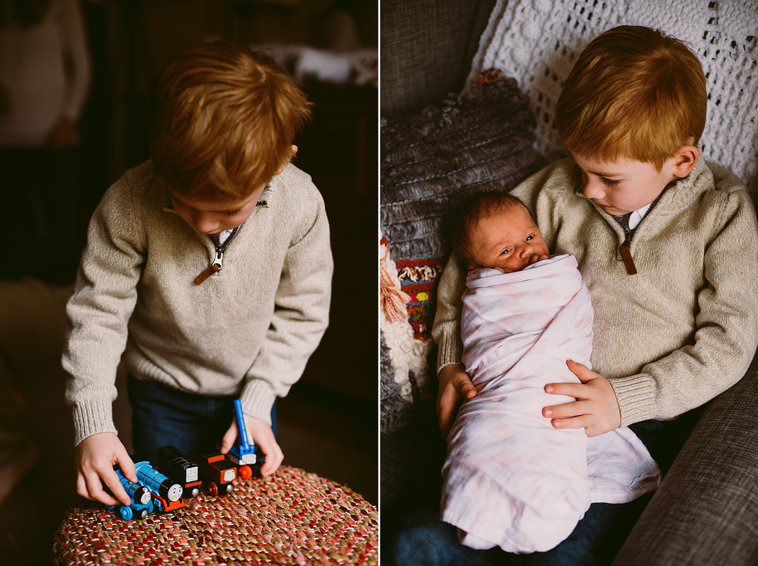 Documentary sibling photography during an at-home newborn photography session near Charlottesville, Virginia