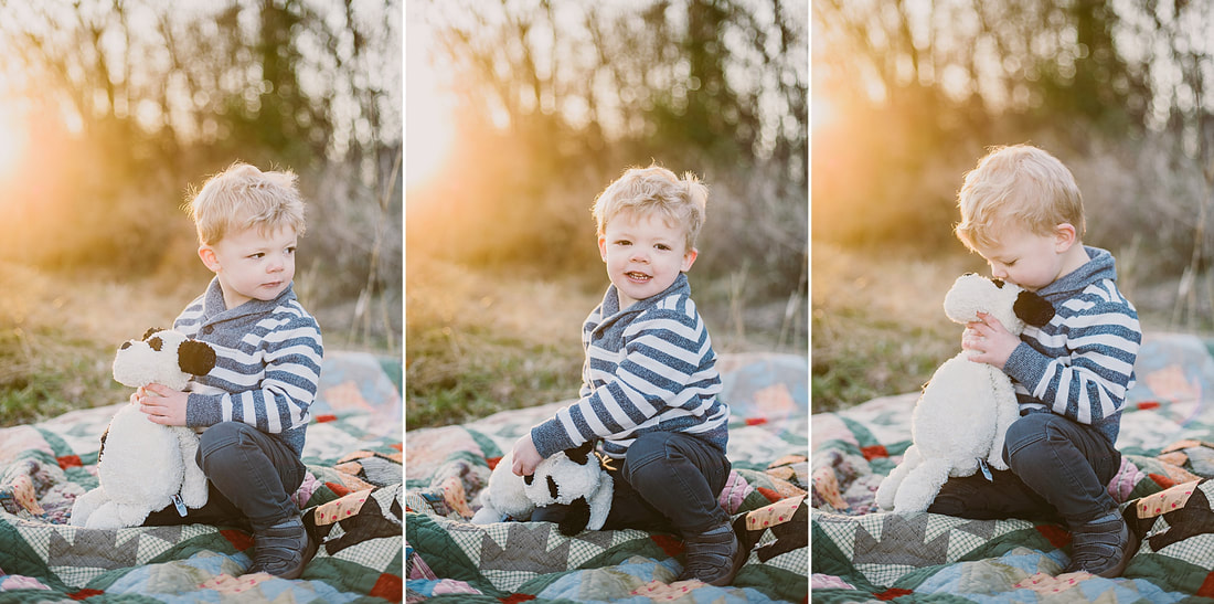 Winter sunset family session with antique quilt by Charlottesville photographer Laura Richards