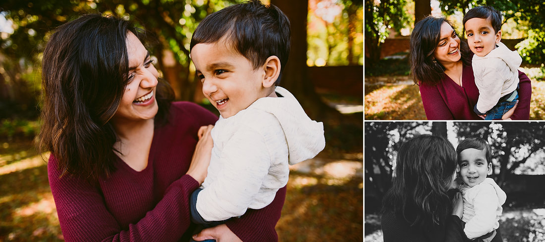 Mother-son images made during a fall family session at the University of Virginia