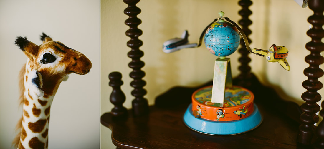 Antique travel-themed nursery details by Charlottesville photographer Laura Richards