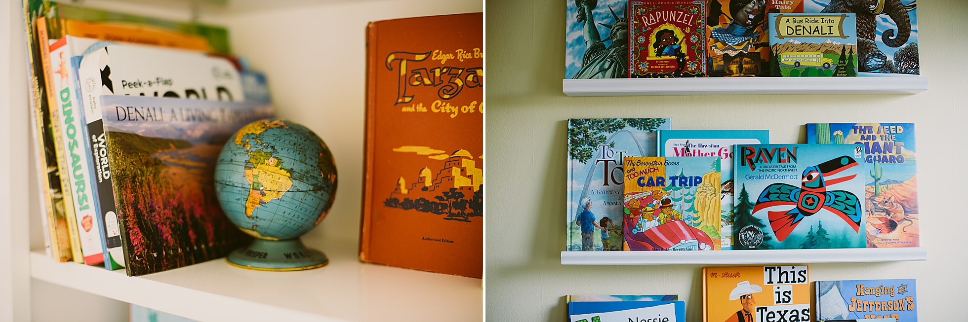 Travel-themed nursery details and books by Laura Richards Photography